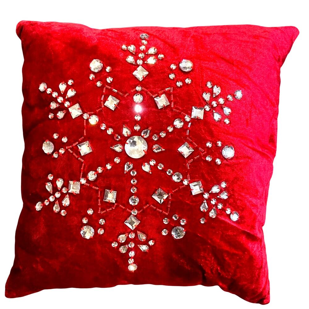 Pier 1 Red Velvet Rhinestone Snowflake 13" x 13" Accent Throw Pillow